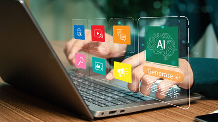 Businessman using laptop with Al content generation platform, video, photo, digital data icons, and...