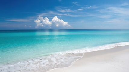 Obraz premium Serene Turquoise Ocean, White Sandy Beach and Distant Horizon with Small Cloud - Tranquil Nature Background for Travel and Relaxation Design 