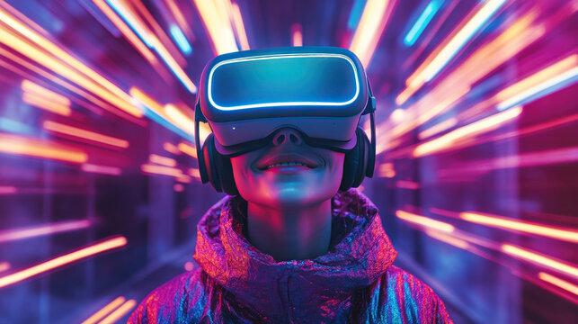 Woman wearing virtual reality headset is immersed in a vibrant virtual environment with dynamic pink neon lights, experiencing the future of technology and entertainment