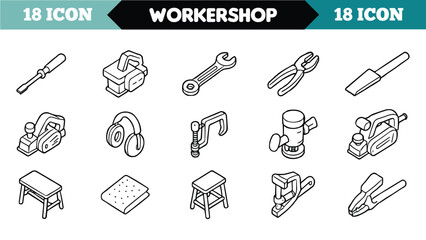 Collection of hand drawn workshop tools and equipment icons presented in a grid format isolated on white background