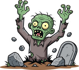 Cartoon zombie rising from its grave halloween illustration isolated on white background