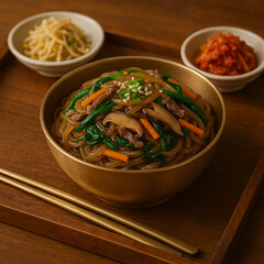 Korean food – Japchae with side dishes on wooden tray, 45-degree view