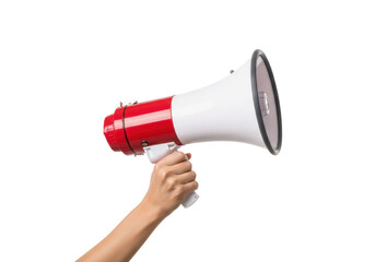 A clean, well-manicured human hand with neutral-toned skin firmly grips a transparent classic-style megaphone with vibrant red accents against a seamless transparent studio background, concept for