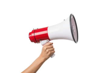 A clean, well-manicured human hand with neutral-toned skin firmly grips a transparent classic-style megaphone with vibrant red accents against a seamless transparent studio background, concept for
