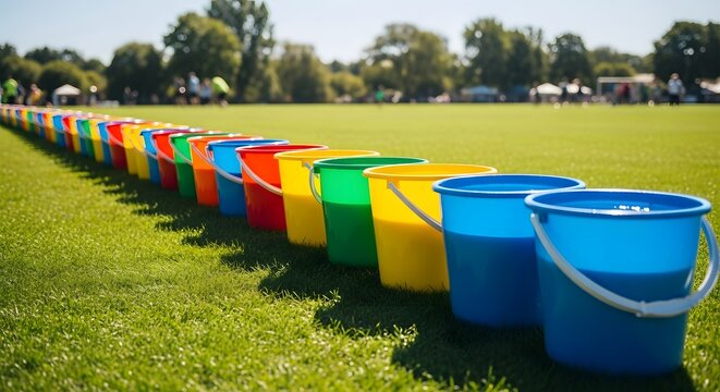 Team building water relay race with vibrant buckets on green grass for summer fun day