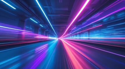 Panoramic high-speed technology concept, dynamic light abstract background. Fast motion on road, vibrant neon blue, purple glow. Abstract futuristic website, application design, gaming template, compu