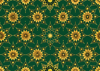 Intricate emerald green and gold tapestry design