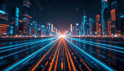 Futuristic glowing digital cityscape with dynamic lines converging at bright horizon light