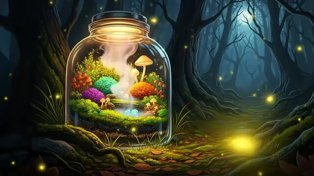 glass terrarium  forest with glowing mushrooms in jar