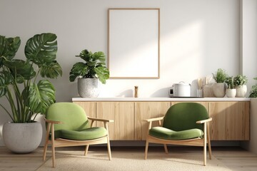 Fototapeta premium Light-filled kitchen nook with green chairs and plants