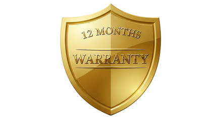 Fototapeta premium Golden shield with 12 months warranty text, representing product protection, assurance, and quality isolated on transparent background