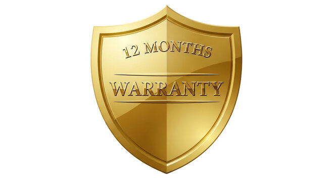 Golden shield with 12 months warranty text, representing product protection, assurance, and quality isolated on transparent background