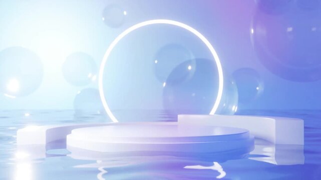 Mock-up podium circulaire blanc sur surface d&rsquo;eau avec anneau lumineux et bulles transparentes en arri&egrave;re-plan, d&eacute;cor minimaliste bleu avec espace n&eacute;gatif copyspace
