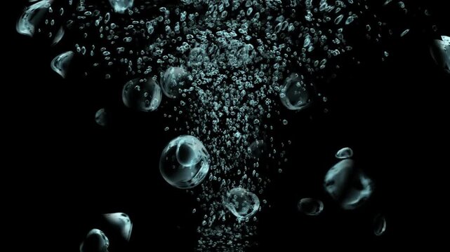 Bulles d&rsquo;air en suspension dans l&rsquo;eau sur fond noir, effet r&eacute;aliste avec profondeur et transparence, mouvement ascendant et d&eacute;tail des reflets lumineux