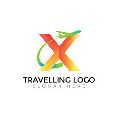 Modern Travel Agency letter Logo with Airplane and Sunset Design