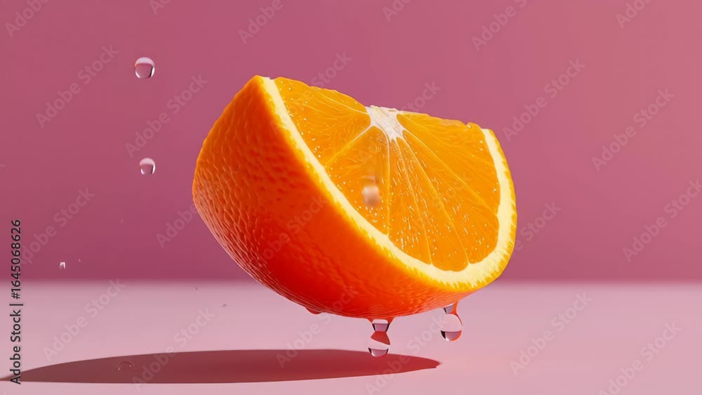 Poster vibrant orange fruit slice suspended in mid-air, showcasing juicy texture and droplets of water, cre