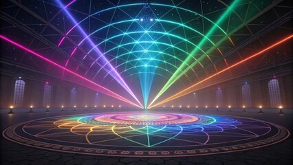 A cosmic dance of rainbow lights in a grand hall illuminated by spectral beams under a starry