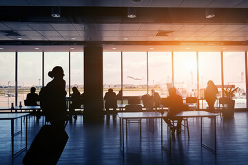 Silhouettes of travelers in an airport lounge waiting for their flight.