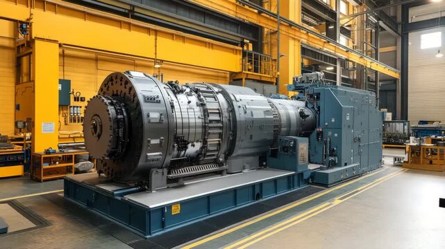 Large industrial gas turbine and turbine engine inside spacious factory interior with yellow structural beams, metal structure, overhead cranes, showcasing advanced engineering equipment