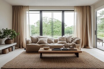 Scandinavian living room with neutral tones woven rug floortoceiling windows