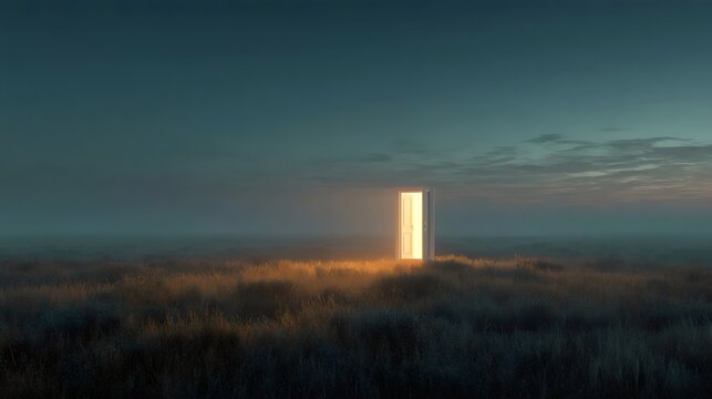 A mysterious open door glowing in a foggy field at twilight, inviting exploration and wonder.