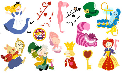Alice in wonderland set illustration - set of hand drawn children illustrations