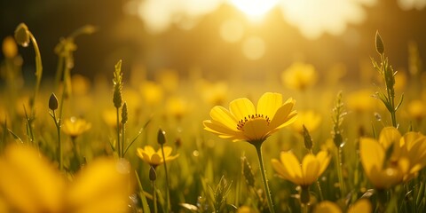 Fototapeta premium Golden sunlight bathing a serene field of yellow wildflowers in warm glowing ambiance