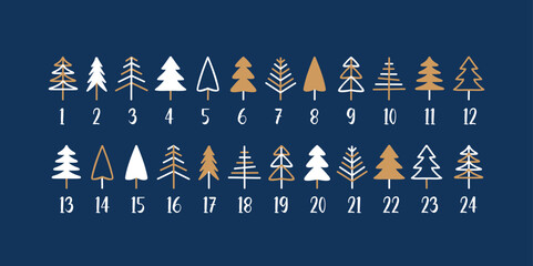 advent calendar with 24 christmas trees vector illustration