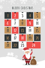 cute advent calendar with santa in snowy winter landscape vector illustration