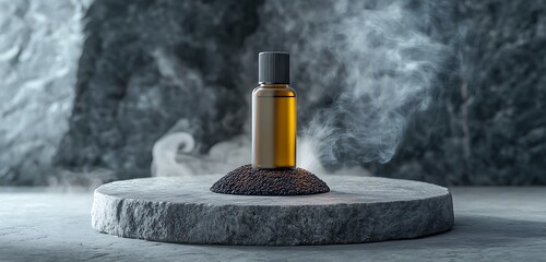 Minimalist mock of herbal spray bottle placed on lava stone with light smoke