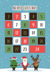 cute advent calendar with santa in snowy winter landscape vector illustration