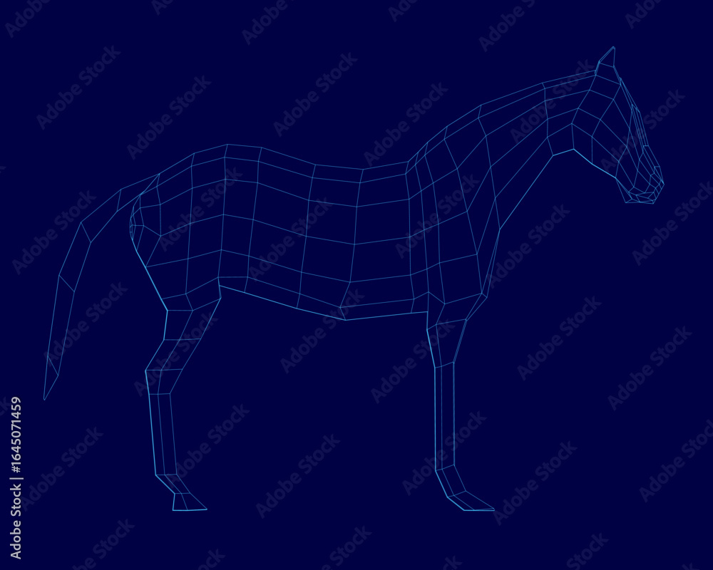 Poster a low poly wireframe horse model composed of geometric lines and shapes, showcasing a 3d design on a