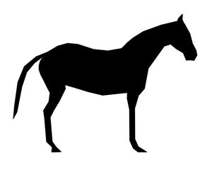 A black low poly horse silhouette stands proudly on a white background with its head held high. The flowing mane and tail suggest movement, while alert eyes and perked ears enhance its majestic.
