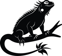 Obraz premium Black Silhouette Iguana on Branch Vector Illustration
