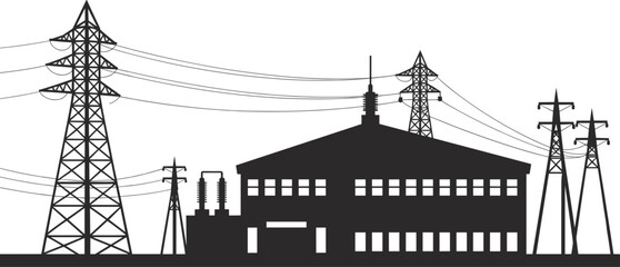Electric power substation with high voltage transmission towers, energy distribution center, electricity grid system, power infrastructure silhouette illustration