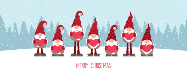 cute dwarf holding hearts and snowy landscape christmas greeting card vector illustration