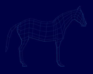 A low poly wireframe horse model composed of geometric lines and shapes, showcasing a 3D design on a solid blue background. The abstract representation highlights the animal's form with clean.