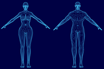 A man stands beside a woman, both with arms outstretched. Vector illustration