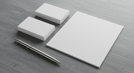 Blank corporate identity stationery set with business cards and letterhead on a gray wooden background for branding mockups.