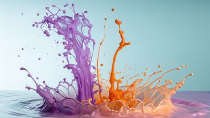 A dynamic collision of purple and orange paint creating abstract liquid sculptures against a blue
