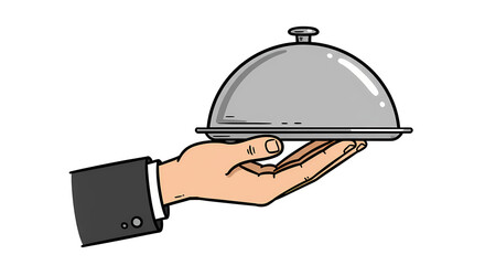 Fototapeta premium Hand Holding Silver Serving Platter with Dome Cover in Formal Setting