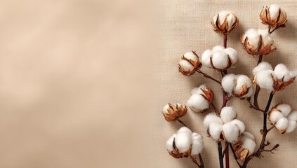 A sprig of fluffy white cotton bolls with brown stems arranged on a neutral beige linen background