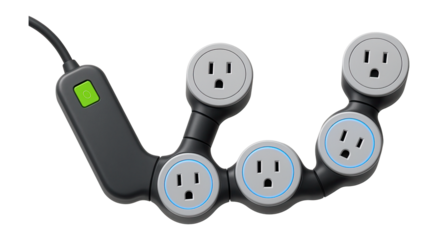 Flexible power strip with bendable joints and five pivoting outlets