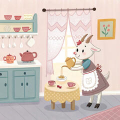 "Whimsical Goat in Apron Pouring Milk in Cozy Kitchen"