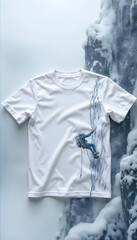  shot of a premium white short-sleeve t-shirt laid flat, featuring a detailed black line-art illustration of a mountaineer climbing a steep, snow-covered mountain cliff with ropes
