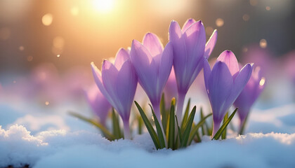 Purple Crocus Flowers Blooming in Snow at Sunrise