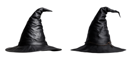 set of classic black witch hat with a purple ribbon and a small silver buckle, halloween sticker isolated on transparent background