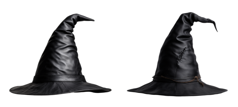 set of classic black witch hat with a purple ribbon and a small silver buckle, halloween sticker isolated on transparent background