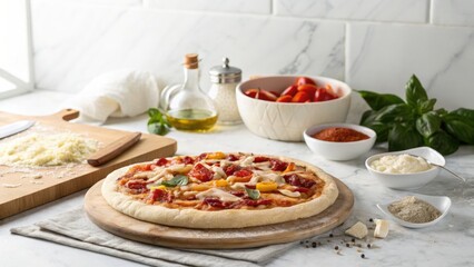 Gluten free baking ingredients, A delicious pizza is prepared on a wooden board, surrounded by fresh ingredients like tomatoes, cheese, and herbs, ready to be baked.