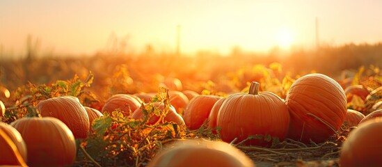 Golden hour sunlight bathes a sprawling pumpkin patch, numerous ripe orange pumpkins nestled amongst dried foliage, extending into a sun-drenched background